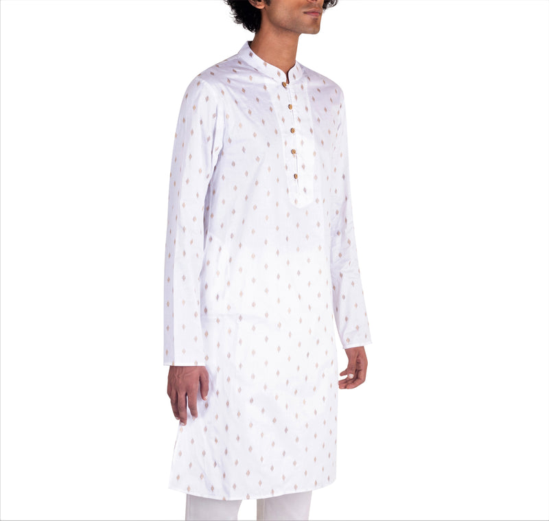 BE DESI MEN WHITE BUTTA DESIGN REGULAR FIT YOKE KURTA