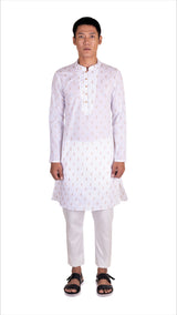 BE DESI MEN WHITE COTTON BEIGE BUTTA REGULAR FIT KURTA
