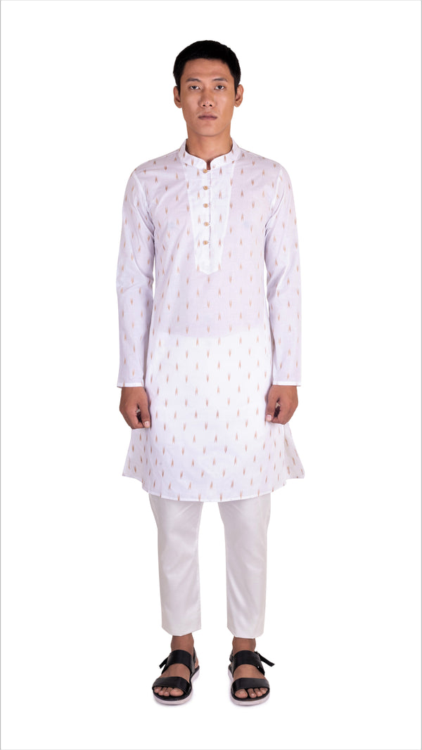 BE DESI MEN WHITE COTTON BEIGE BUTTA REGULAR FIT KURTA