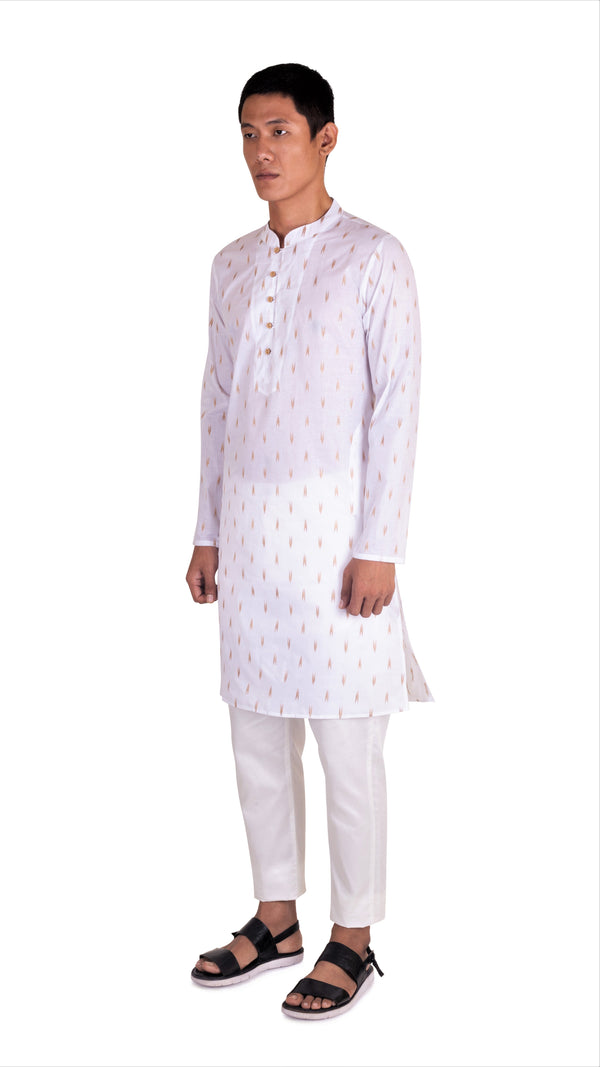 BE DESI MEN WHITE COTTON BEIGE BUTTA REGULAR FIT KURTA