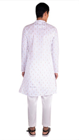 BE DESI MEN WHITE COTTON BEIGE BUTTA REGULAR FIT KURTA