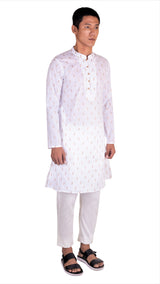 BE DESI MEN WHITE COTTON BEIGE BUTTA REGULAR FIT KURTA