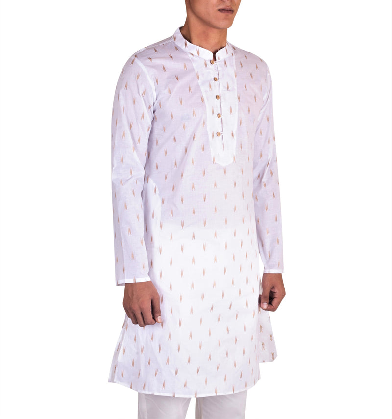 BE DESI MEN WHITE COTTON BEIGE BUTTA REGULAR FIT KURTA