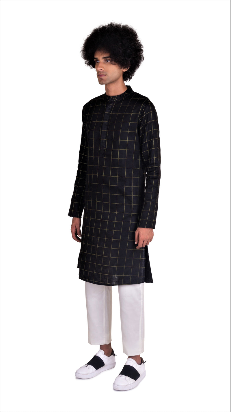 BE DESI MEN COTTON BOX STRIPED BLACK REGULAR FIT LONG KURTA