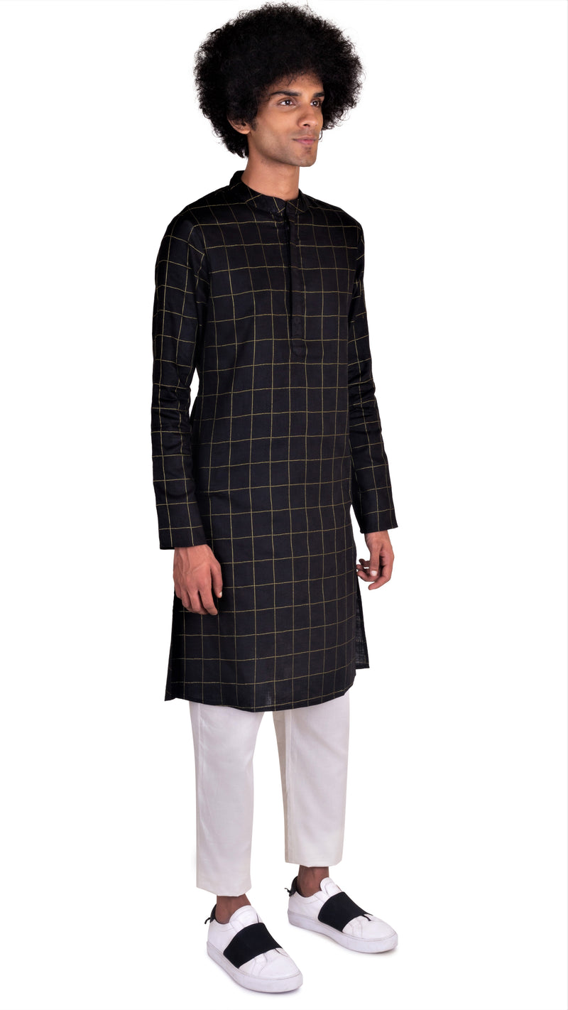 BE DESI MEN COTTON BOX STRIPED BLACK REGULAR FIT LONG KURTA