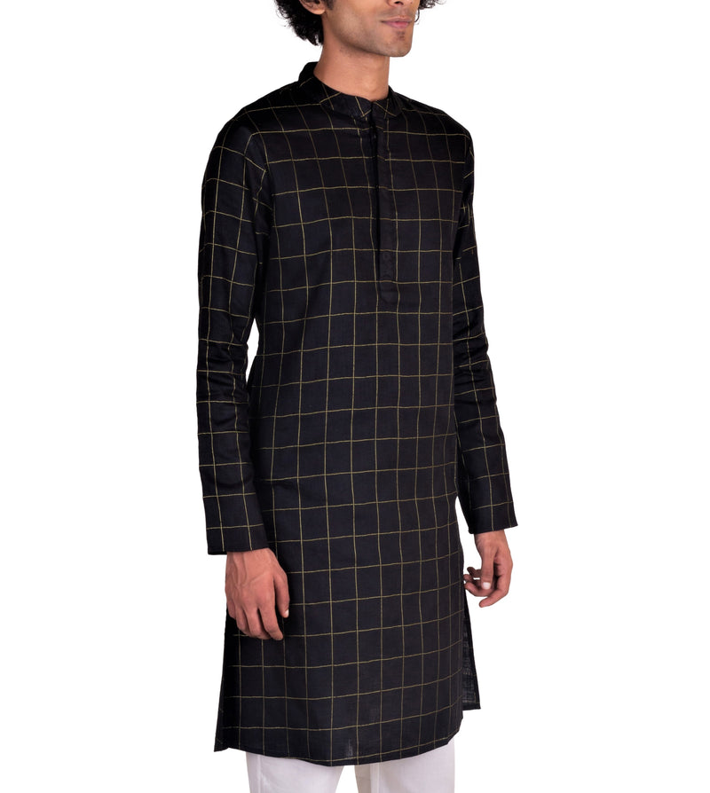 BE DESI MEN COTTON BOX STRIPED BLACK REGULAR FIT LONG KURTA