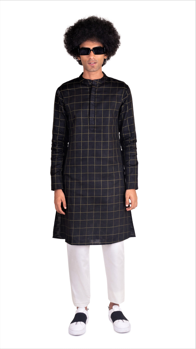 BE DESI MEN COTTON BOX STRIPED BLACK REGULAR FIT LONG KURTA