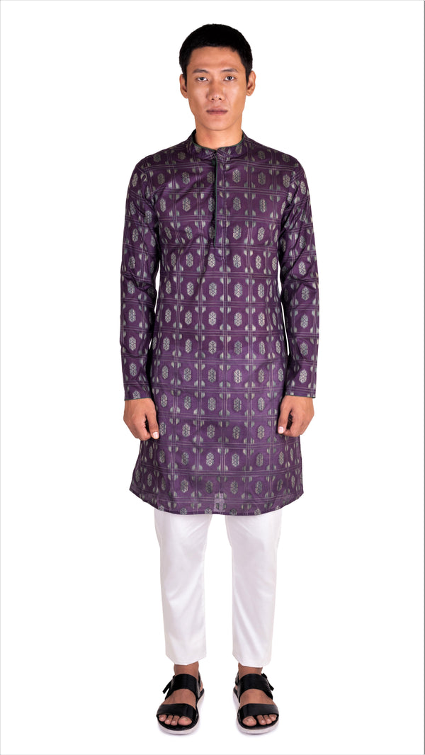 BE DESI MEN COTTON SELF BUTTA PURPLE REGULAR FIT LONG KURTA
