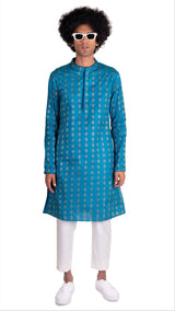 Front view of Be Desi Men's pure cotton turquoise green designer kurta 