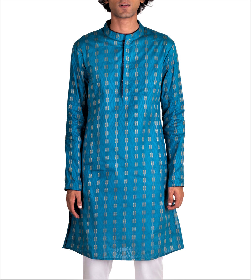 Close up view of Be Desi Men's pure cotton turquoise green designer kurta 