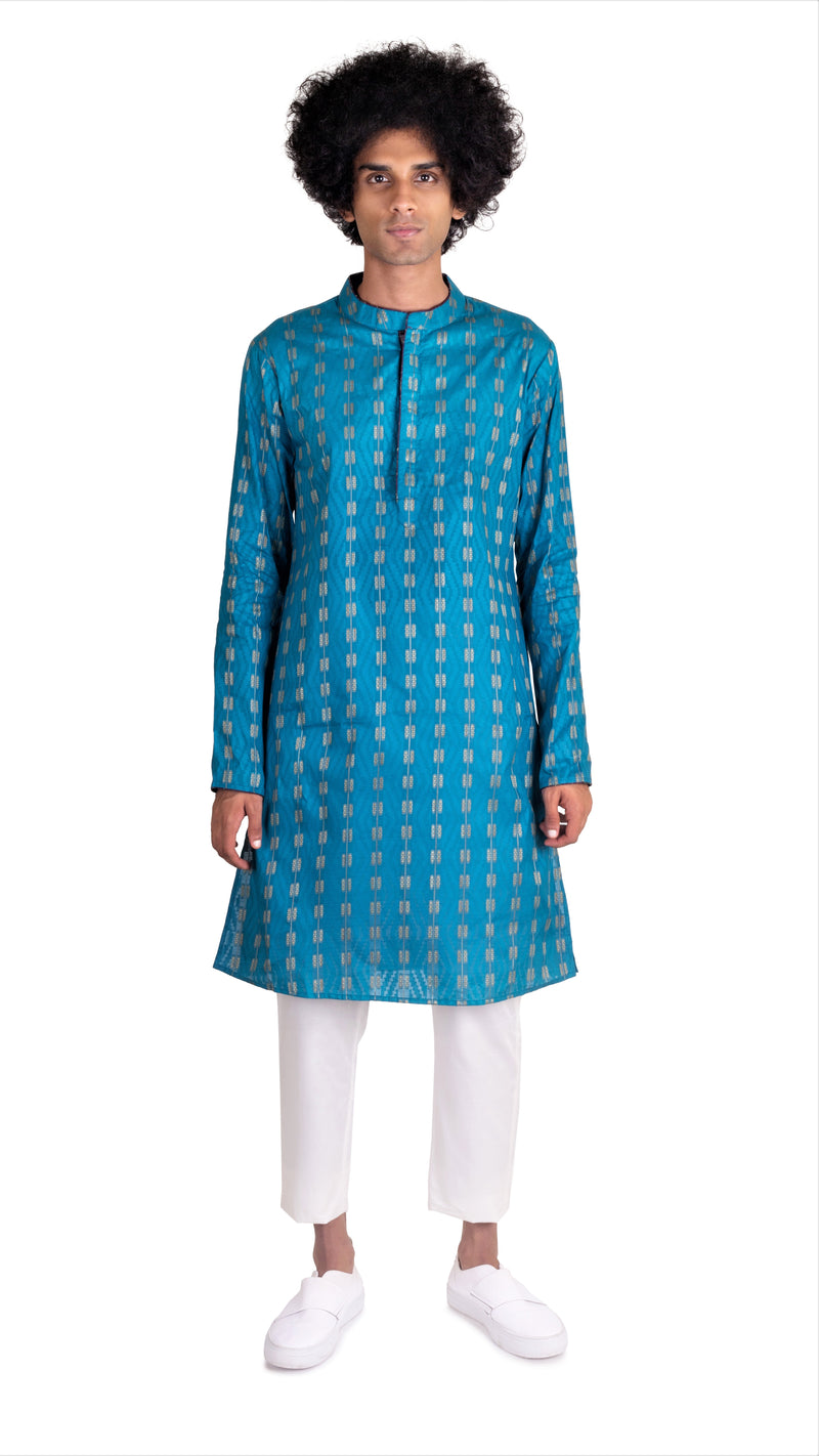 Be Desi Men's pure cotton khadi turquoise green designer kurta 