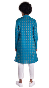 Back view of Be Desi Men's pure cotton turquoise green designer kurta 
