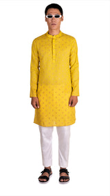 Front view of Men's Haldi Yellow Kurta in pure cotton by Be Desi