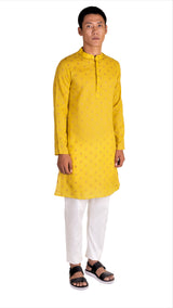 Front view of Men's Haldi Yellow Kurta in pure cotton by Be Desi