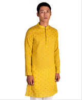 Close up view of Men's Haldi Yellow Kurta in pure cotton by Be Desi