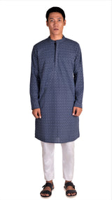 BLACK REGULAR FIT KURTA WITH GREY LEAF EMBRIODERY
