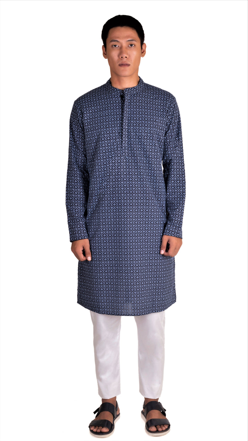 BLACK REGULAR FIT KURTA WITH GREY LEAF EMBRIODERY