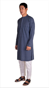 BLACK REGULAR FIT KURTA WITH GREY LEAF EMBRIODERY
