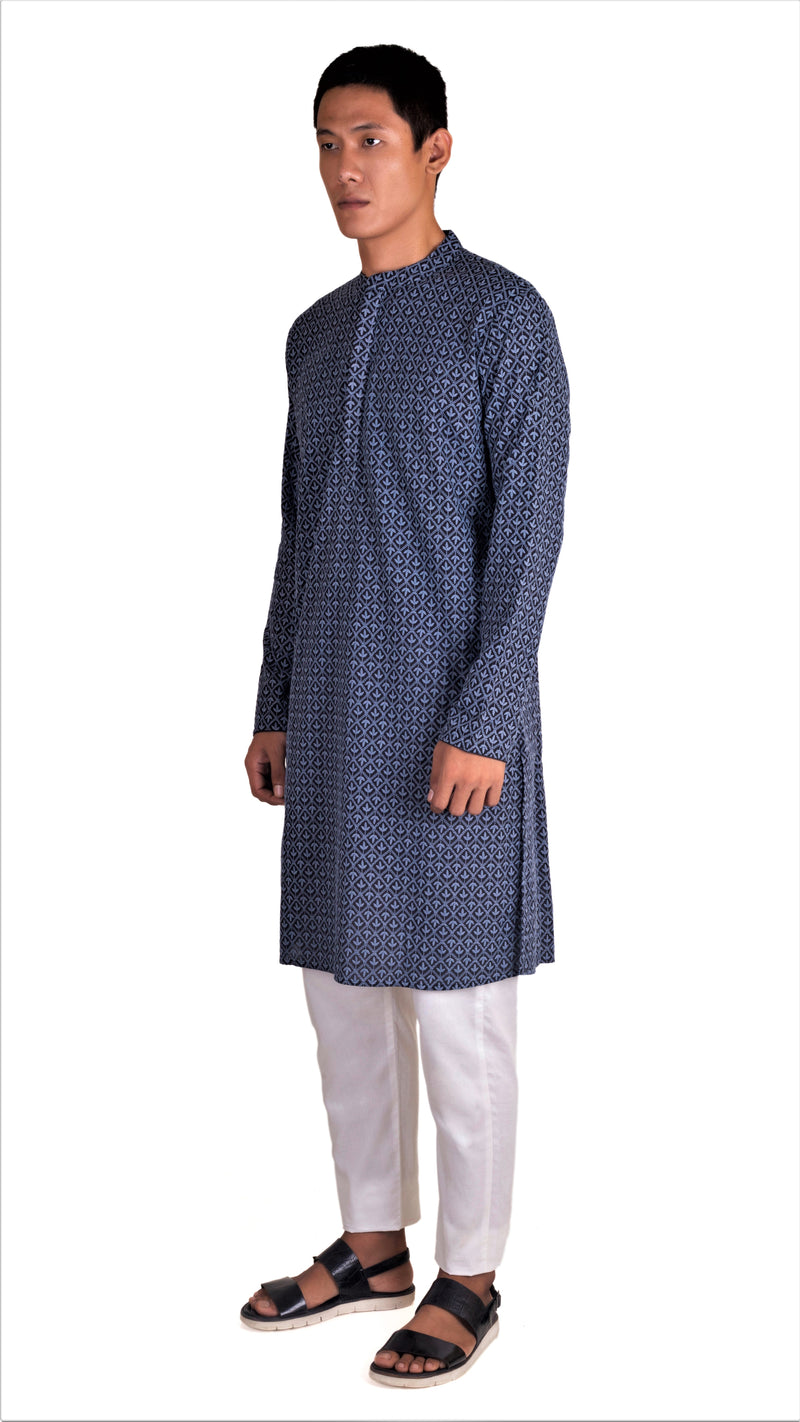 BLACK REGULAR FIT KURTA WITH GREY LEAF EMBRIODERY