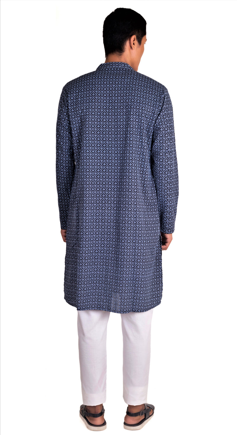 BLACK REGULAR FIT KURTA WITH GREY LEAF EMBRIODERY