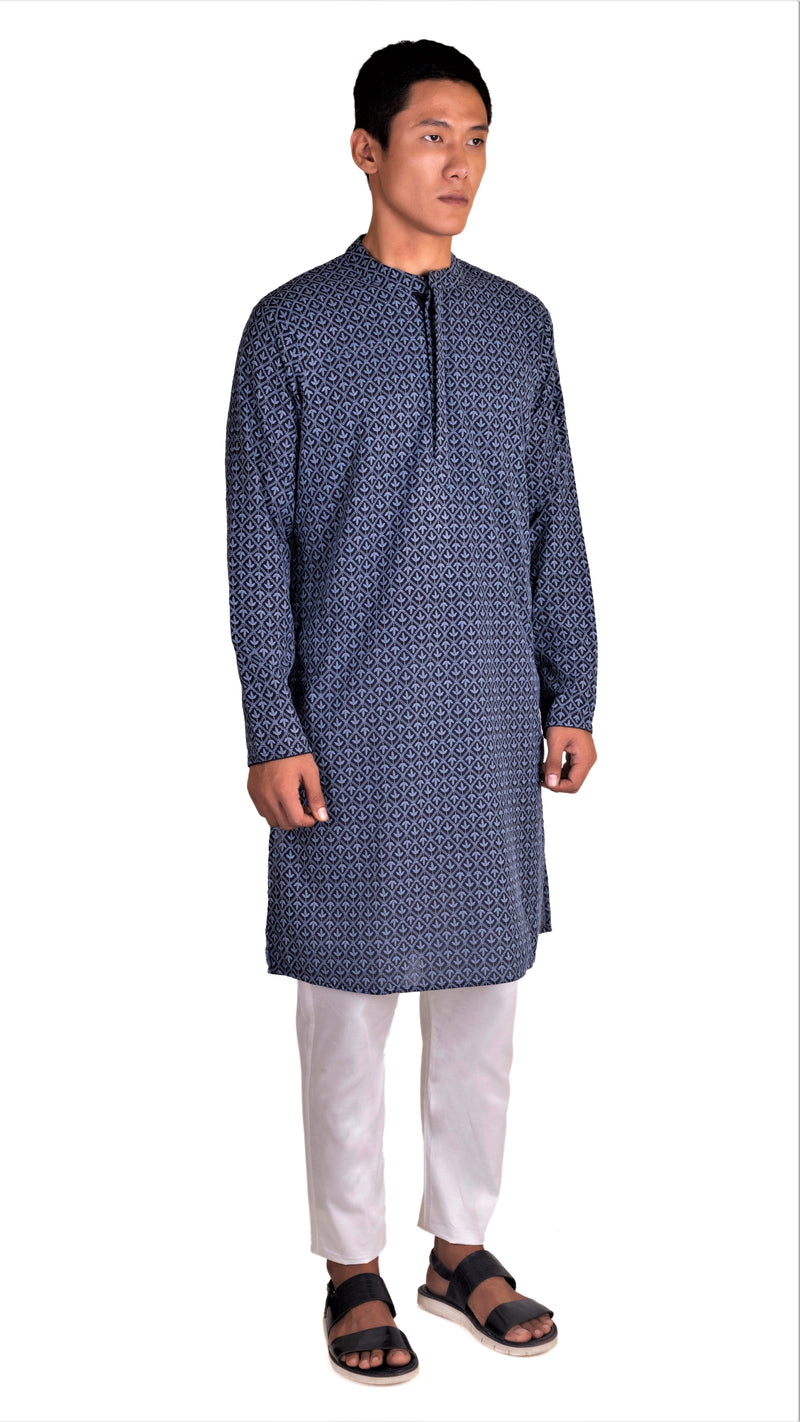 BLACK REGULAR FIT KURTA WITH GREY LEAF EMBRIODERY