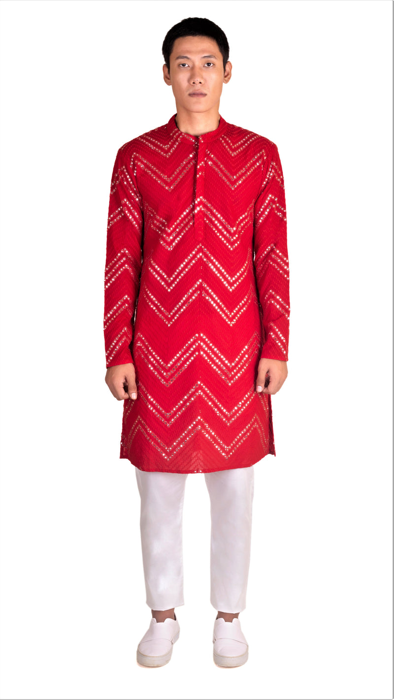 FESTIVE RED KURTA PYJAMA SET WITH CHEVRON ABLA EMBRIODERY