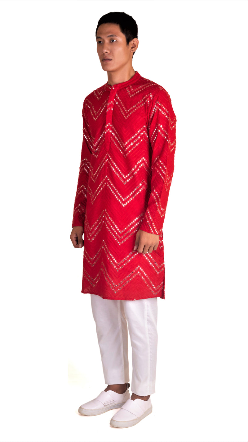FESTIVE RED KURTA PYJAMA SET WITH CHEVRON ABLA EMBRIODERY