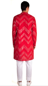FESTIVE RED KURTA PYJAMA SET WITH CHEVRON ABLA EMBRIODERY