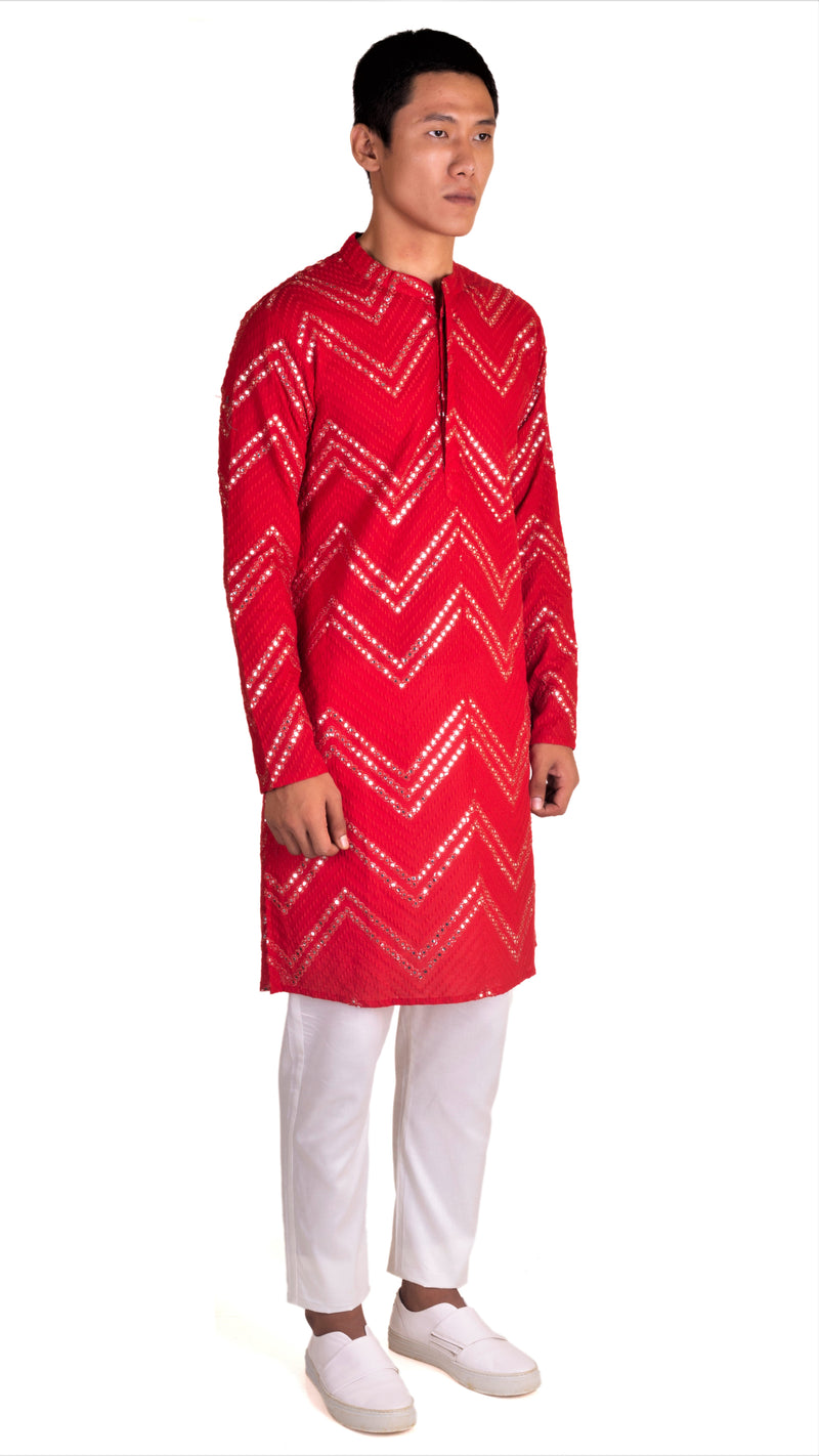 FESTIVE RED KURTA PYJAMA SET WITH CHEVRON ABLA EMBRIODERY