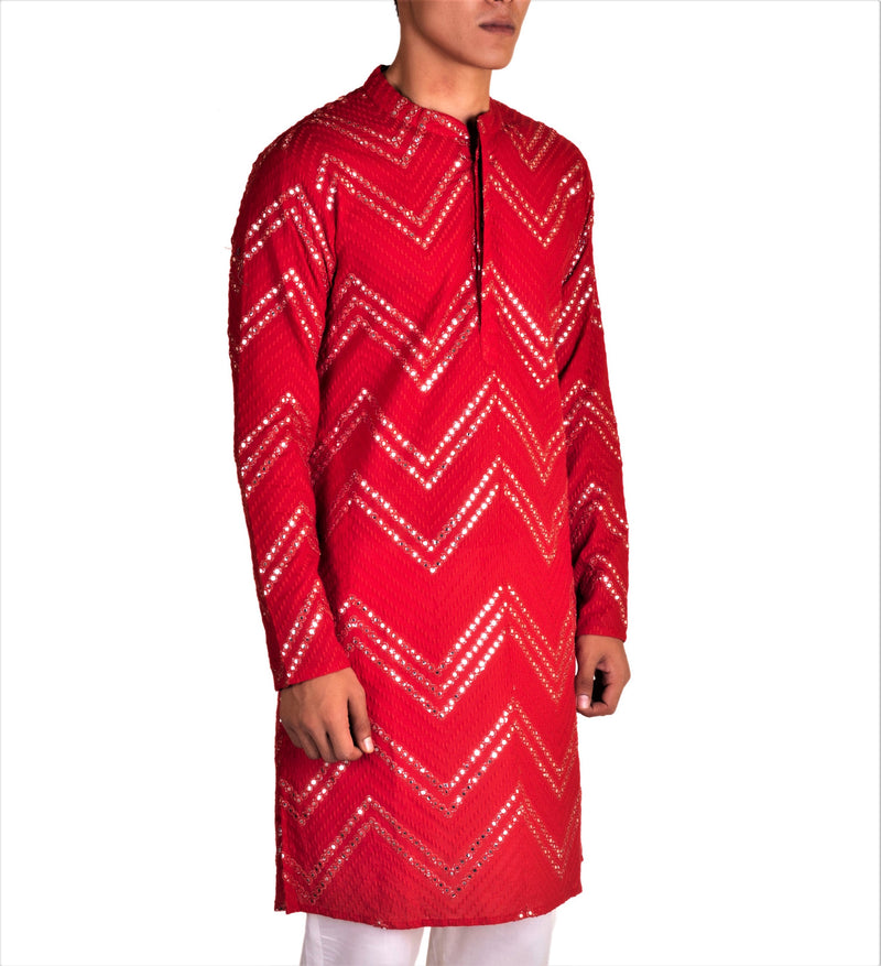 FESTIVE RED KURTA 3 PC SET WITH CHEVRON ABLA EMBRIODERY