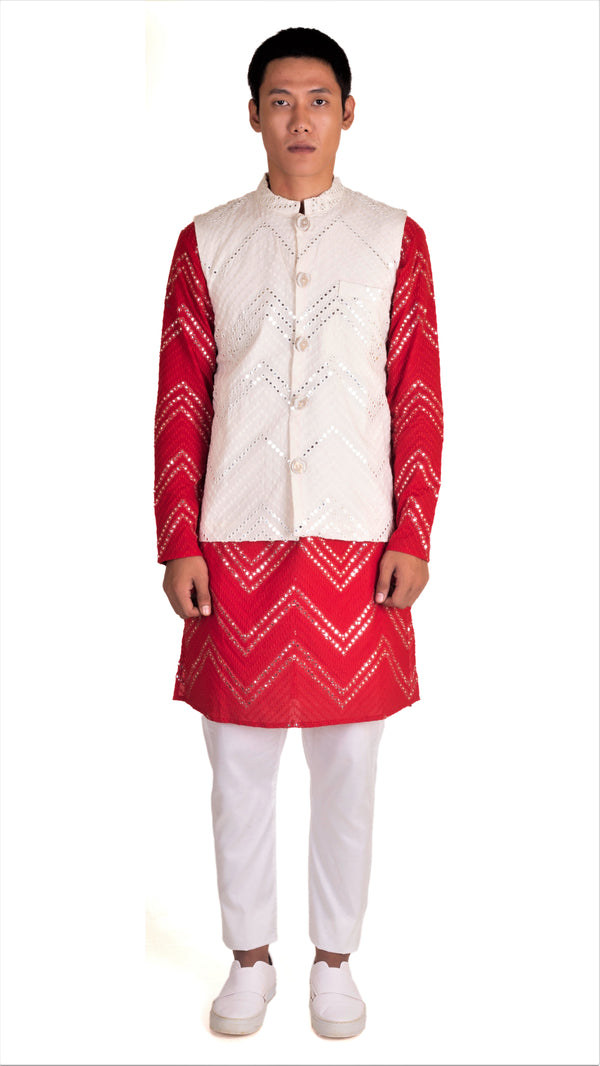 FESTIVE RED KURTA 3 PC SET WITH CHEVRON ABLA EMBRIODERY