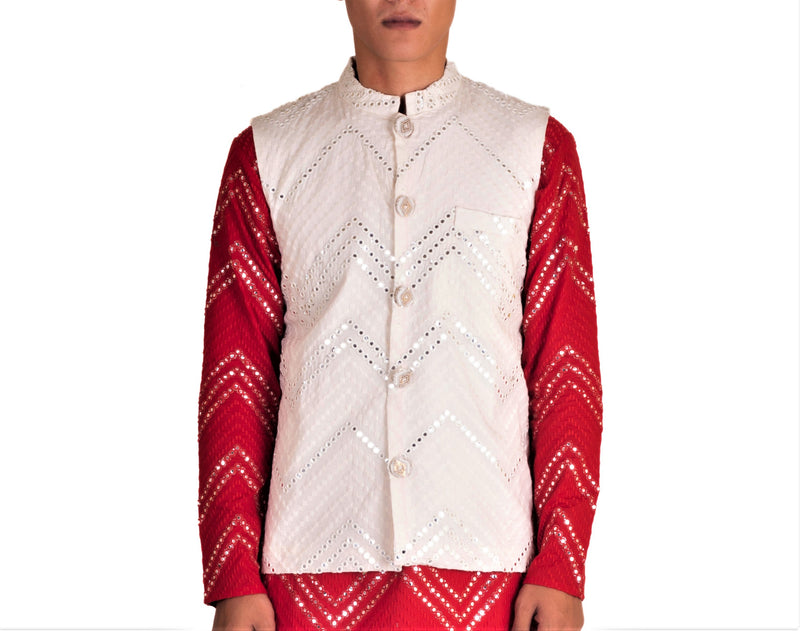 FESTIVE RED KURTA 3 PC SET WITH CHEVRON ABLA EMBRIODERY