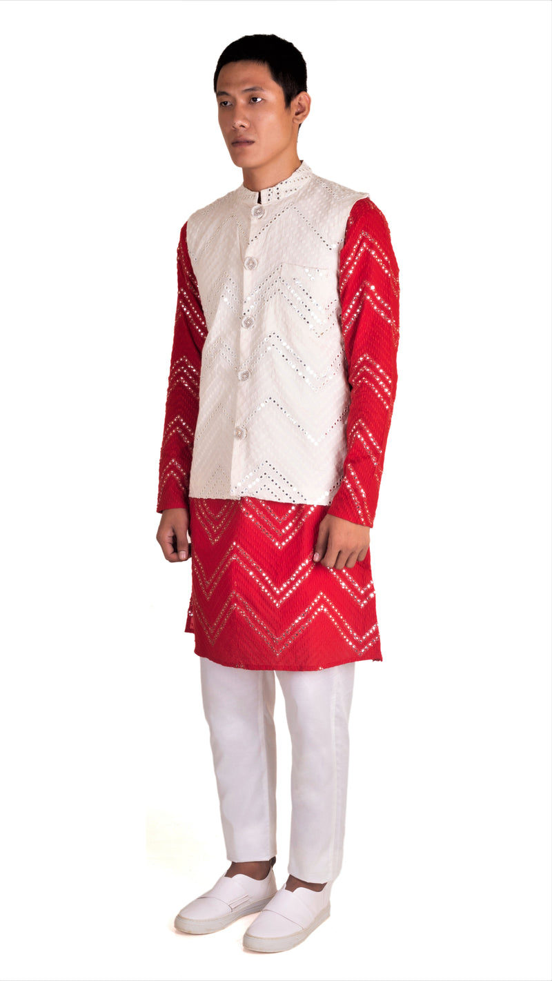 FESTIVE RED KURTA 3 PC SET WITH CHEVRON ABLA EMBRIODERY