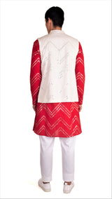 FESTIVE RED KURTA 3 PC SET WITH CHEVRON ABLA EMBRIODERY