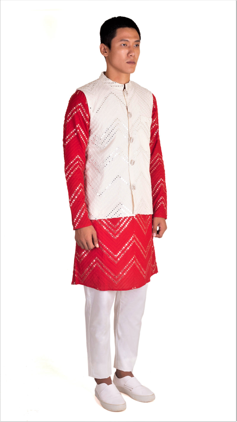 FESTIVE RED KURTA 3 PC SET WITH CHEVRON ABLA EMBRIODERY