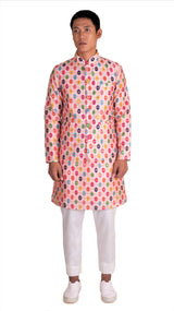 Front View of Be Desi men's kurta pajama and bandi set with embroidery