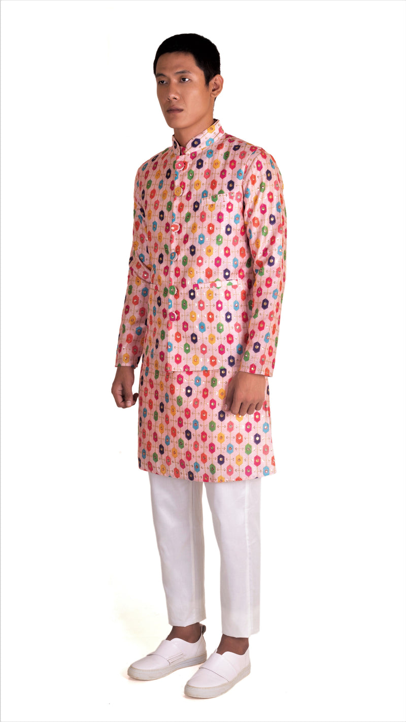 Be Desi men's kurta pajama and bandi set with embroidery