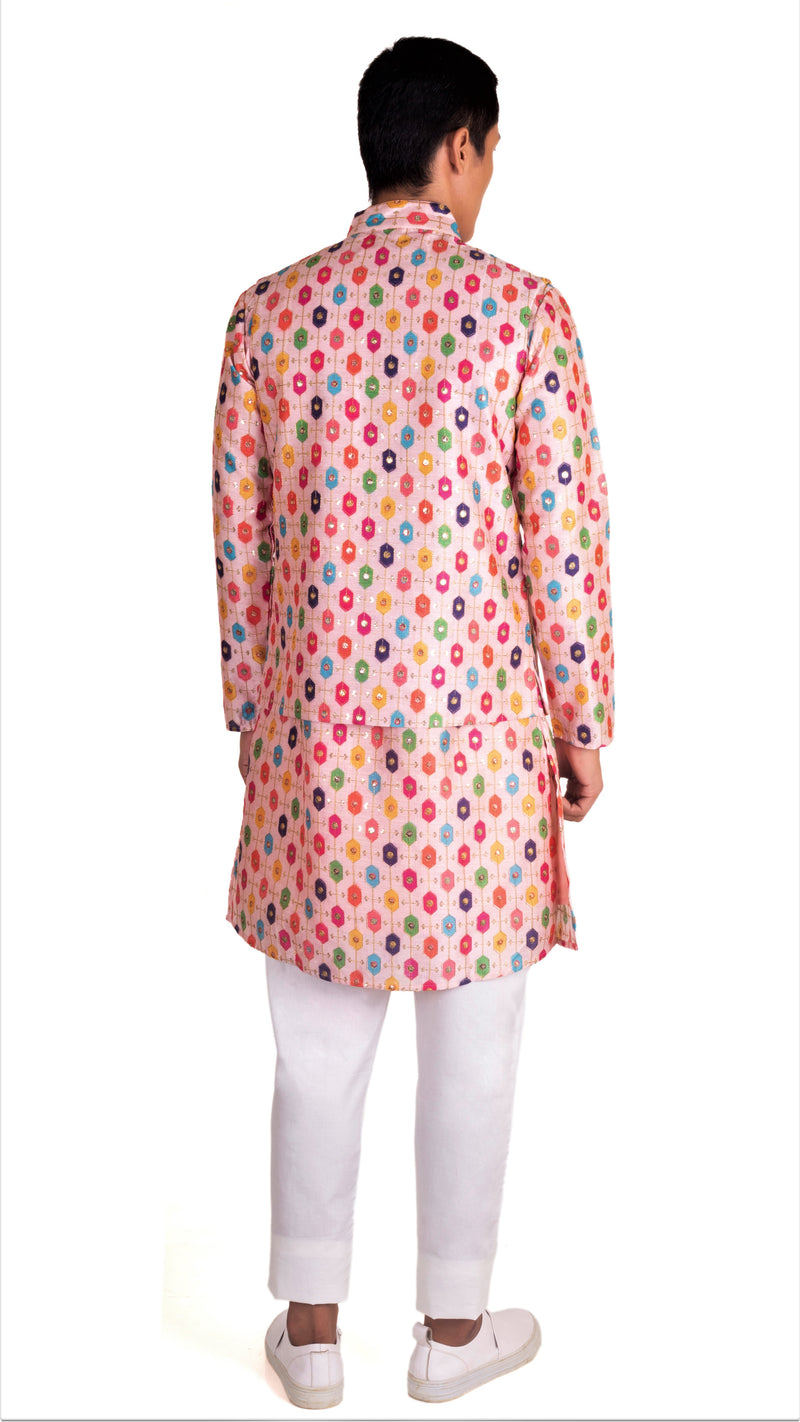 Back View of Be Desi men's kurta pajama and bandi set with embroidery