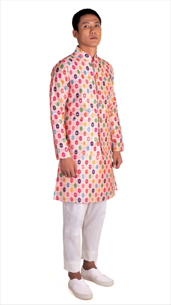 Front View of Be Desi men's kurta pajama and bandi set with embroidery