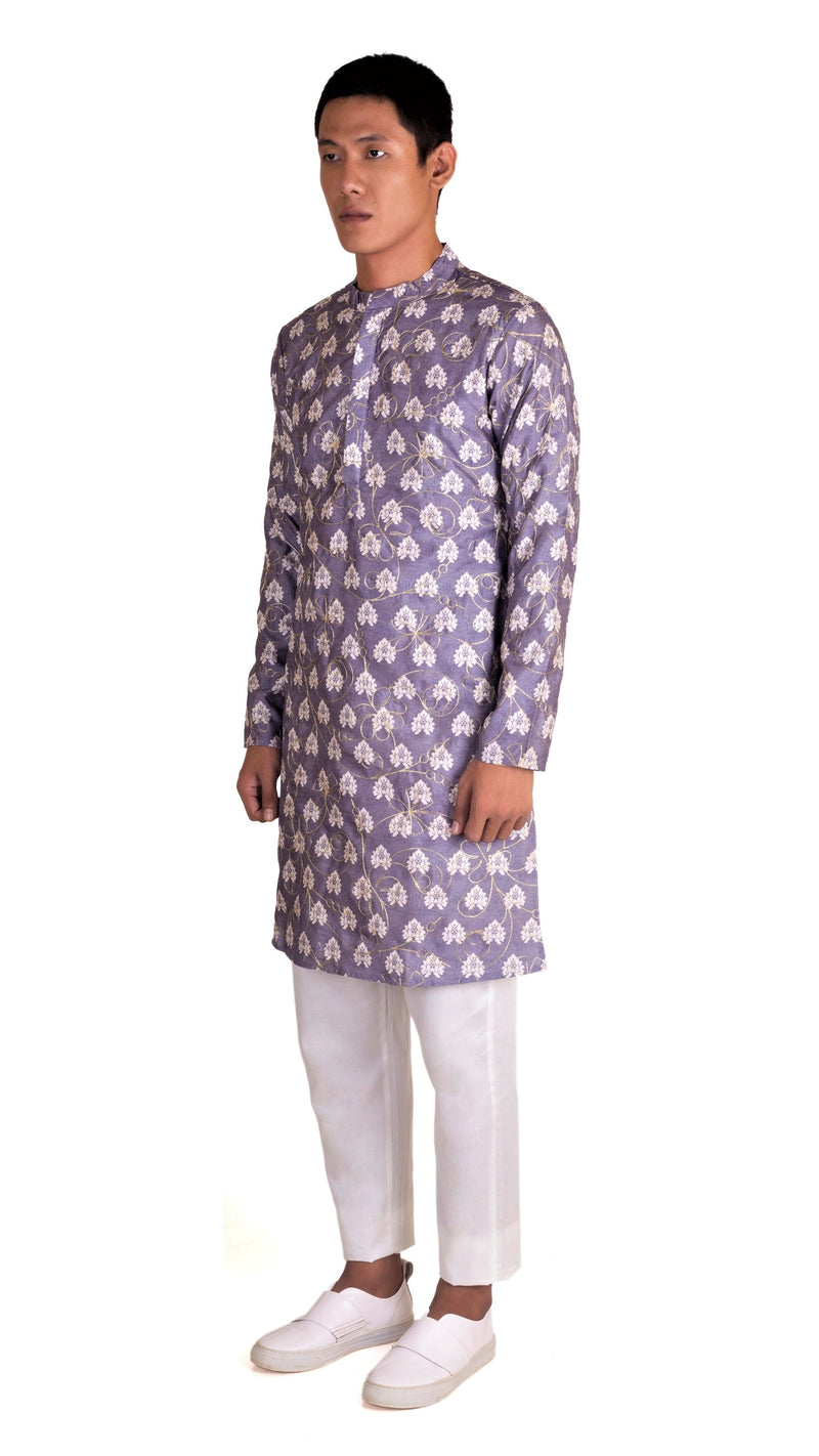 GREY COTTON SILK  KURTA PYJAMA SET WITH GOLD ZARI EMBRIODERY