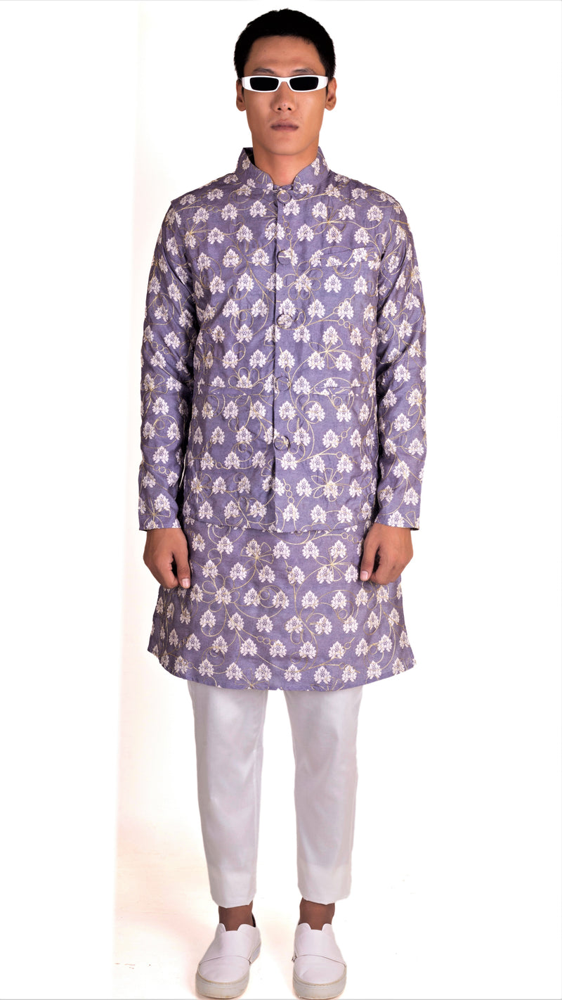 GREY COTTON SILK KURTA 3 PC SET WITH GOLD ZARI EMBRIODERY