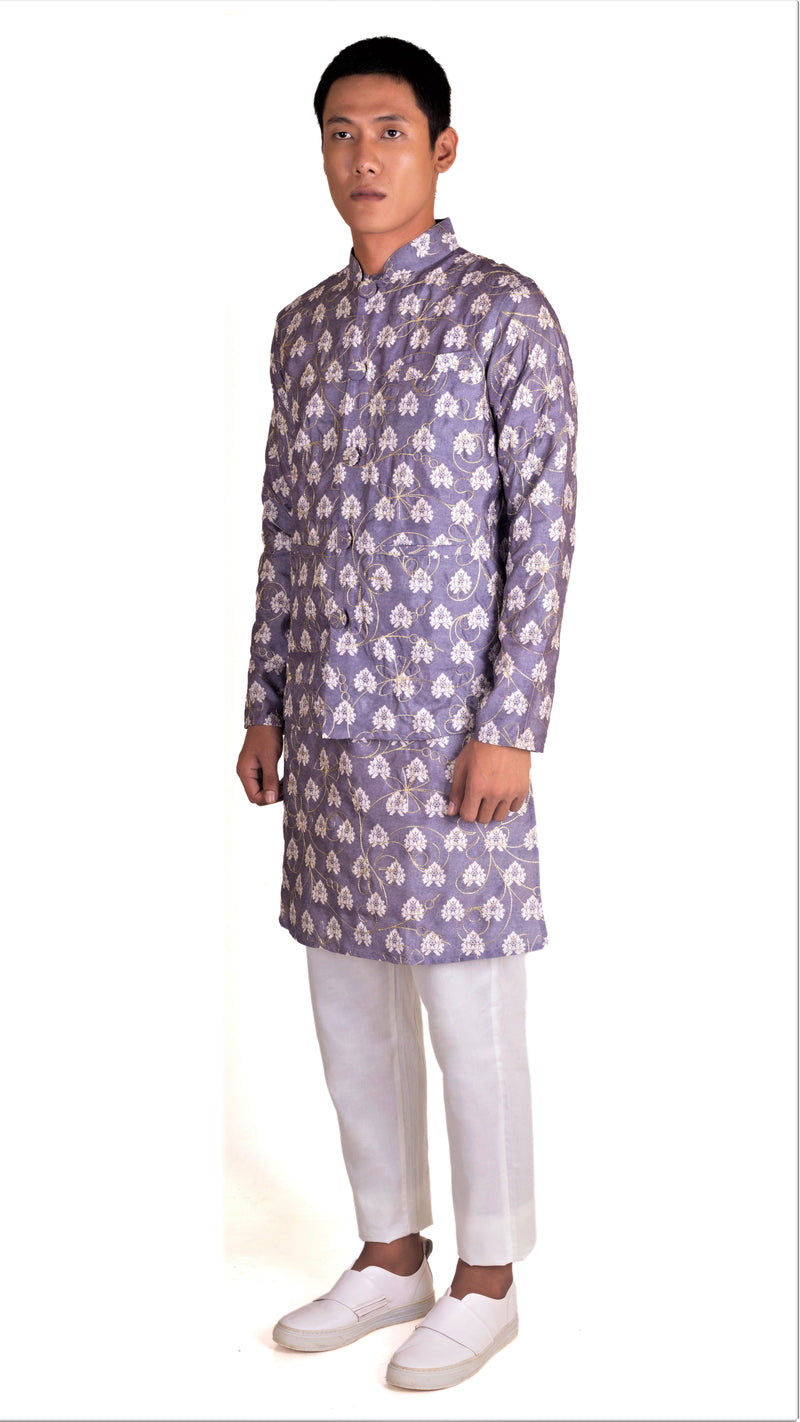 GREY COTTON SILK KURTA 3 PC SET WITH GOLD ZARI EMBRIODERY
