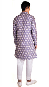 GREY COTTON SILK KURTA 3 PC SET WITH GOLD ZARI EMBRIODERY