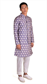GREY COTTON SILK KURTA 3 PC SET WITH GOLD ZARI EMBRIODERY