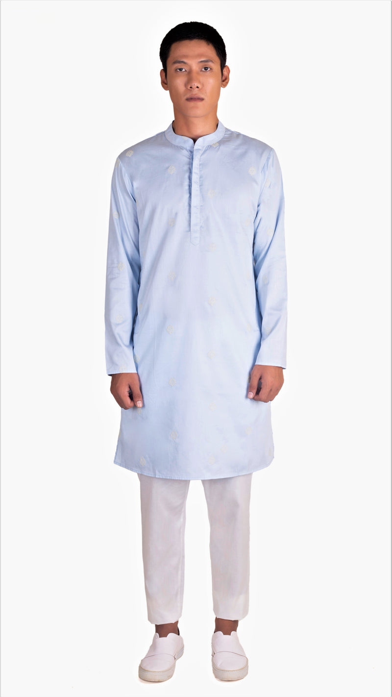 PEARL BLUE SATIN EMBRIODERED KURTA WITH NECK DETAILING