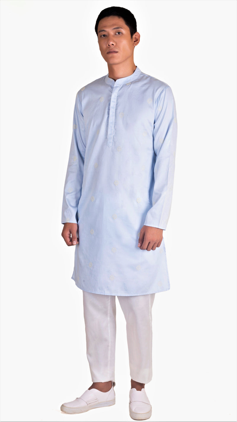 PEARL BLUE SATIN EMBRIODERED KURTA WITH NECK DETAILING