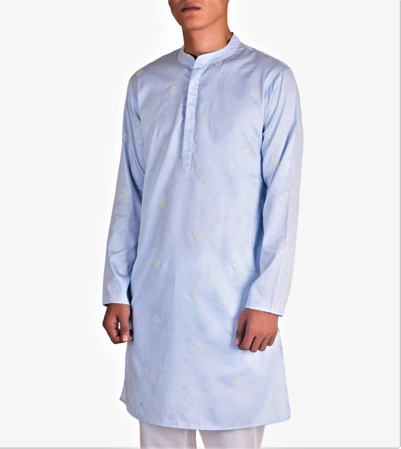 PEARL BLUE SATIN EMBRIODERED KURTA WITH NECK DETAILING