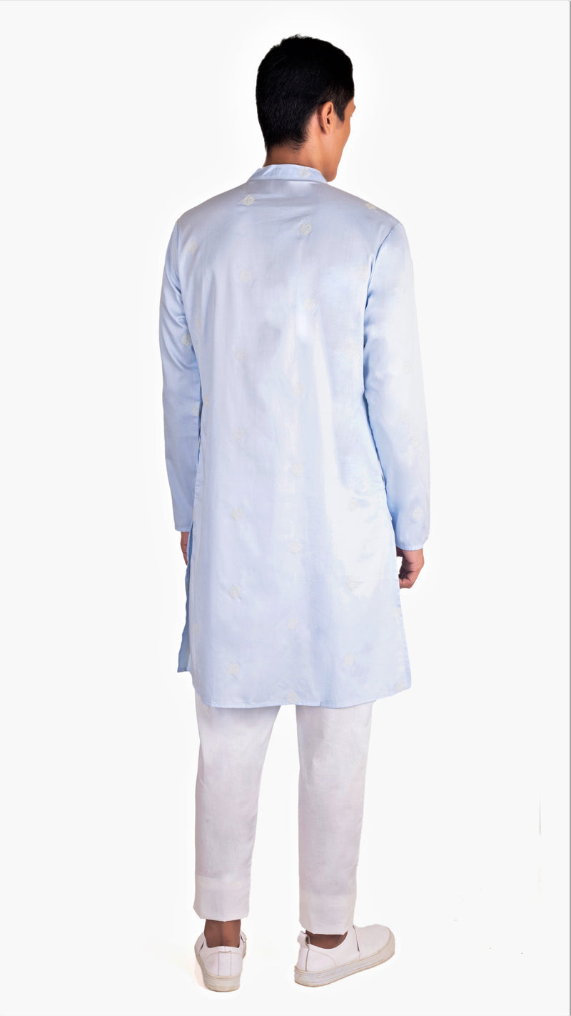 PEARL BLUE SATIN EMBRIODERED KURTA WITH NECK DETAILING