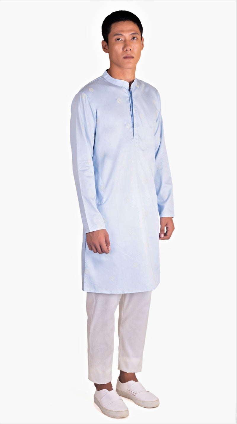 PEARL BLUE SATIN EMBRIODERED KURTA WITH NECK DETAILING