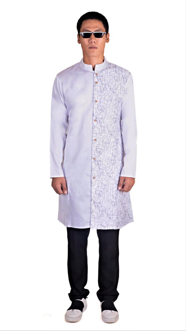 WHITE SATIN ABSTRACT PANEL EMBRIODERED REGULAR FIT KURTA